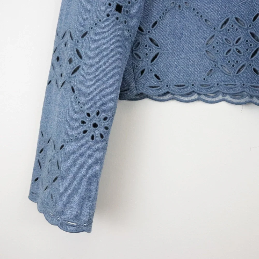 Veronica Beard Adelaide Jacket 0 Sea Glare Blue Denim Eyelet